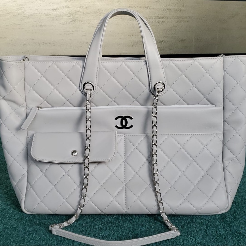 Chanel White Quilted Leather Tote with Chain Straps